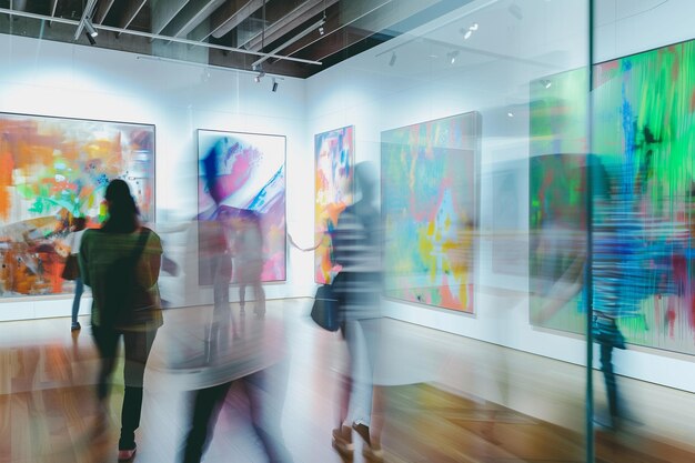 Photo colorful abstraction art lovers engaged with modern art in gallery
