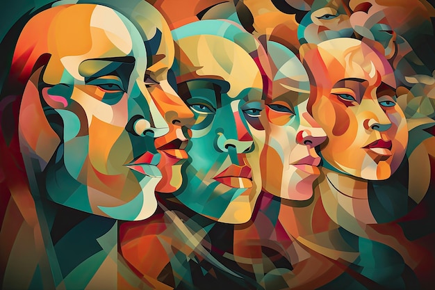 다채로운 추상적으로 그려진 남성과 여성의 얼굴 사회 개념 생성 AI