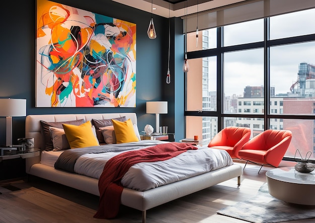 Colorful Accent Wall in Contemporary Bedroom