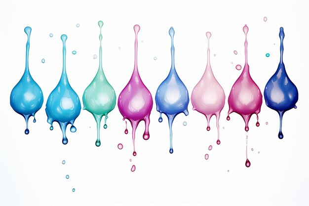 Colorful acrylic paint dripping with liquid drops and abstract liquid ink splash background