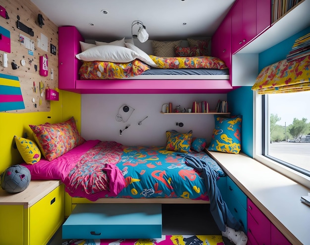 젊고 활기찬 어린이 침실을 위한 다채로운 모험 인테리어 디자인