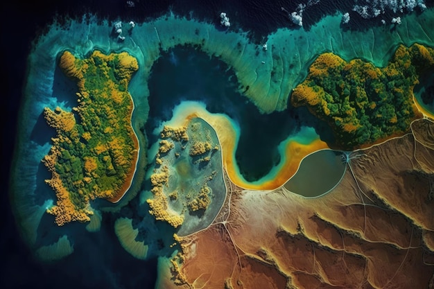 A colorful aerial image of a river and a green island.