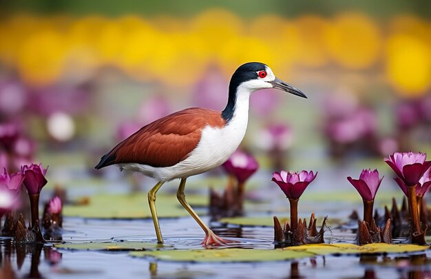 Colorful African wader with long toes next to violet water lily in water Generative AI