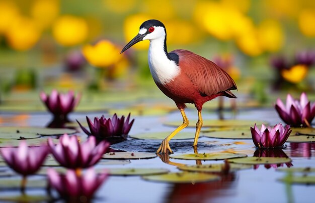 Colorful african wader with long toes next to violet water lily in water generative ai