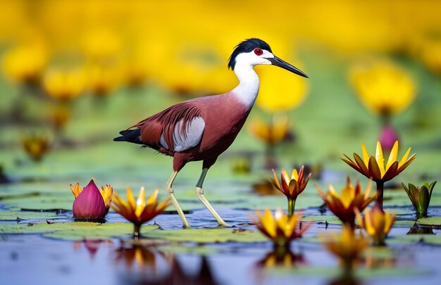 Colorful african wader with long toes next to violet water lily in water generative ai