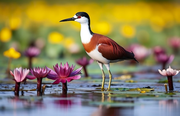 Colorful African wader with long toes next to violet water lily in water Generative AI