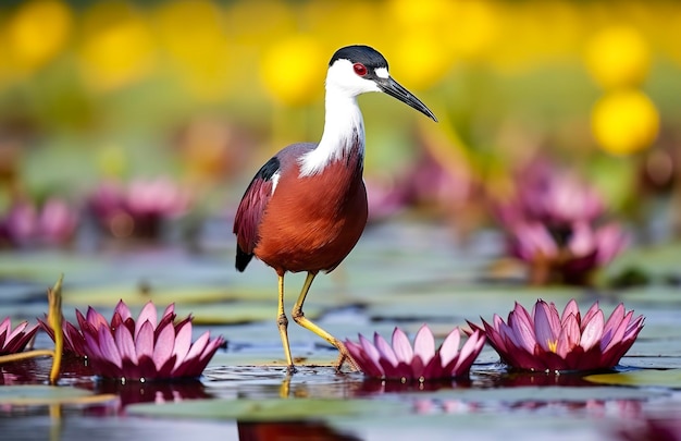 Colorful African wader with long toes next to violet water lily in water Generative AI