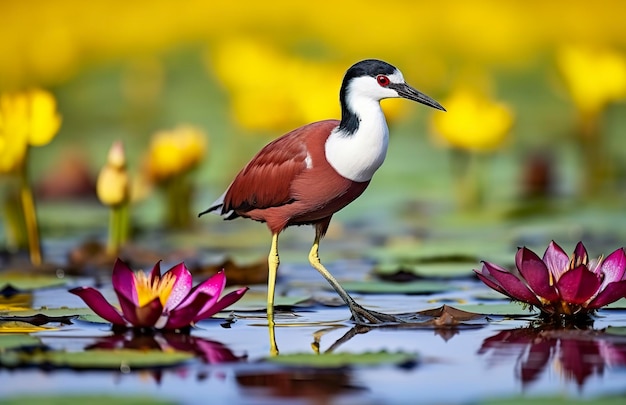 Photo colorful african wader with long toes next to violet water lily in water generative ai