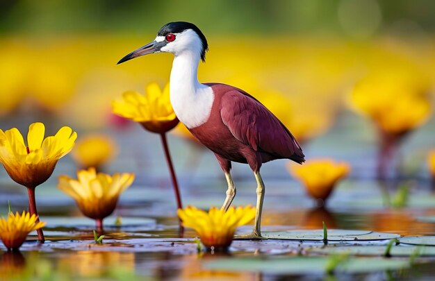 Colorful African wader with long toes next to violet water lily in water Generative AI