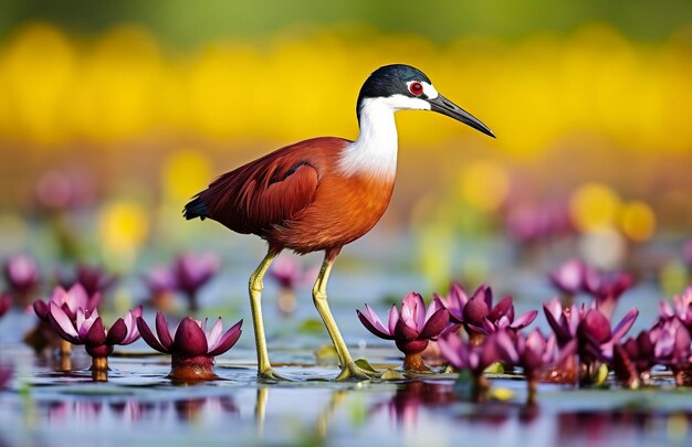 Colorful African wader with long toes next to violet water lily in water Generative AI