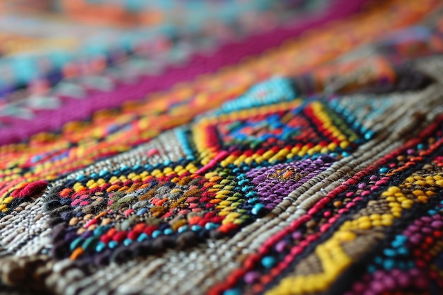 Colorful AfricanPeruvian rug surface closeup with more motifs and textiles