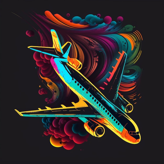 Photo a colorful airplane is flying in front of a dark background.