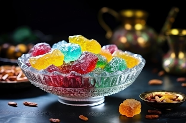 Colorful akide sekeri a traditional Turkish sweet sugar candy for Ramadan displayed in a glass bowl