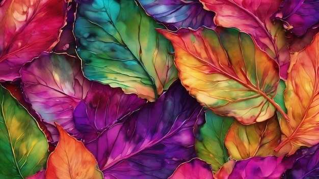 Colorful alcohol ink background with leaf