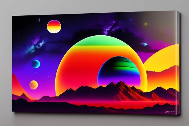 Colorful alien planet with mountains moons ufo colorful dome in the cosmos