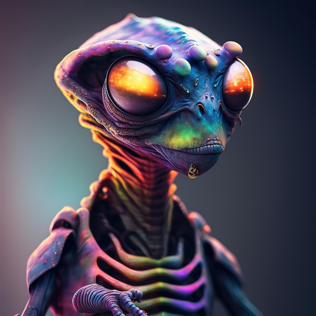 A colorful alien with a black face is pointing at something.