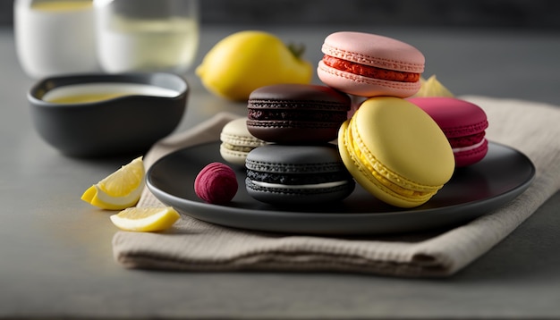 Photo colorful almond macarons on dark background