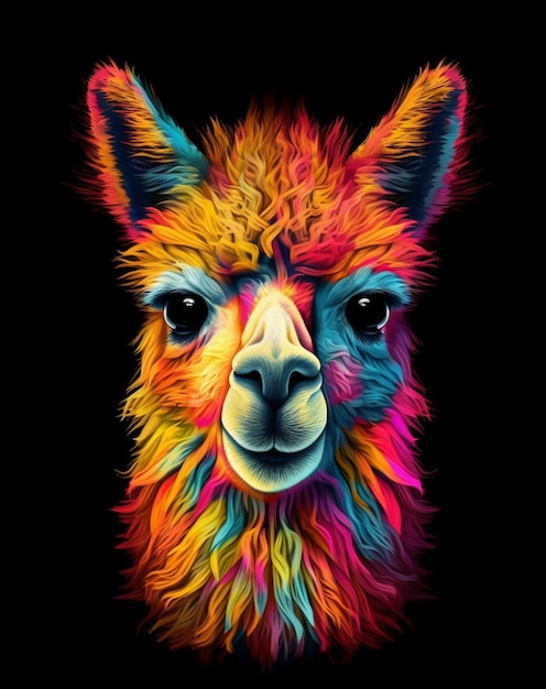 A colorful alpaca with a black background.