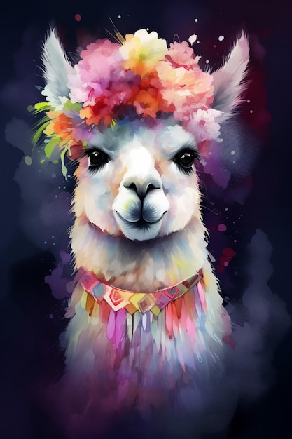 A colorful alpaca with a floral headband.