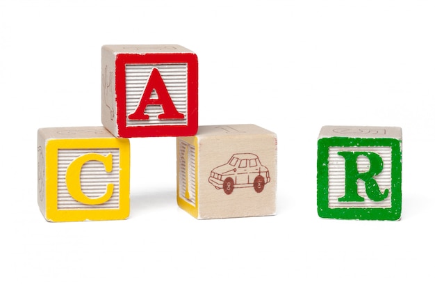 Colorful alphabet blocks. Word car isolated on white 