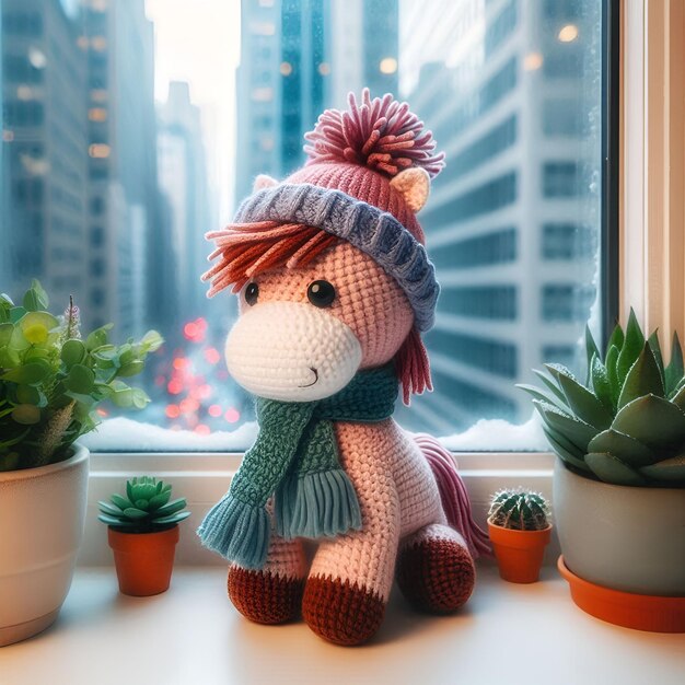 Photo colorful amigurumi horse in scarf and hat on windowsill with plants