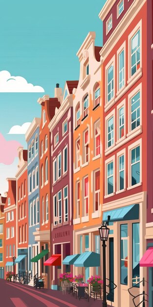 Photo colorful amsterdam street illustration with vibrant colors