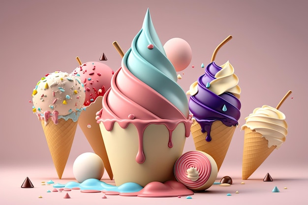 写真 カラフルで爽やかなアイスクリームとデザートの要素セット