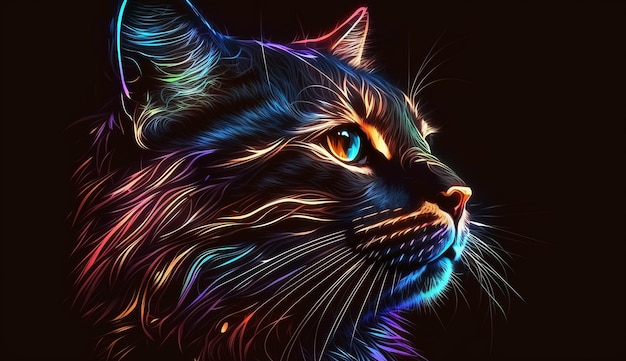 Colorful animal cat head neon style illustration picture AI Generated image