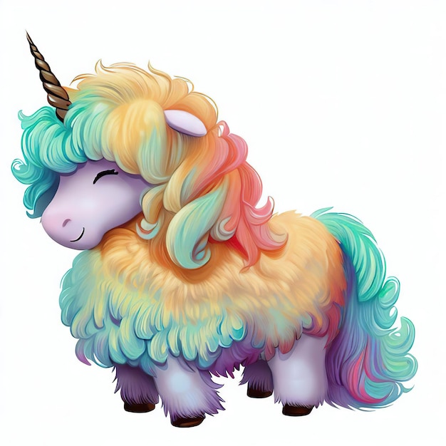 A colorful animal with a rainbow mane and a horn on it.