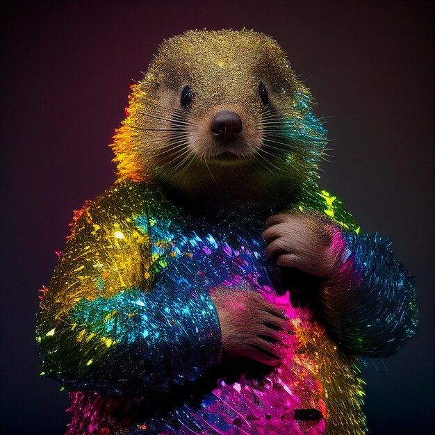 A colorful animal with a rainbow shirt that says " the word " on it.