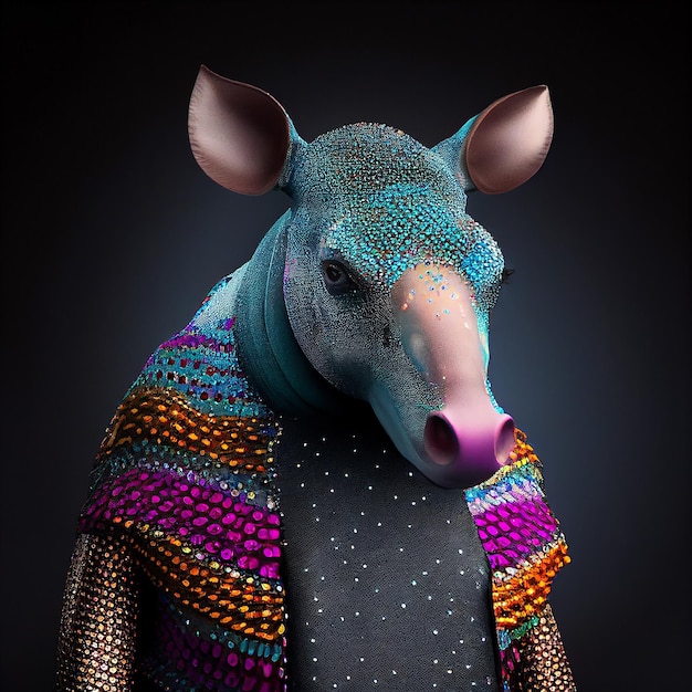 A colorful animal with a scarf that says'rhino'on it