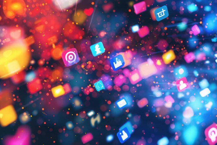 Photo colorful animated social media icons and hashtags float in a digital space representing the constant flow of information and trends online generative ai