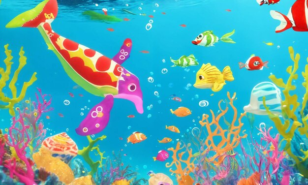 Красочная анимационная подводная сцена с игривыми морскими существами, наслаждающимися веселым моментом вместе