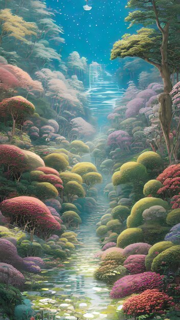 Colorful anime garden landscape illustration