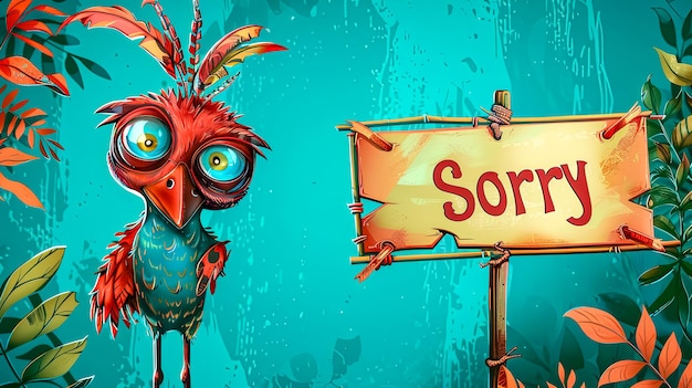 申し訳ないサインのイラストが描かれたカラフルな謝罪鳥