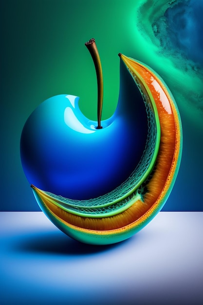 A colorful apple is being poured into a blue and green apple.