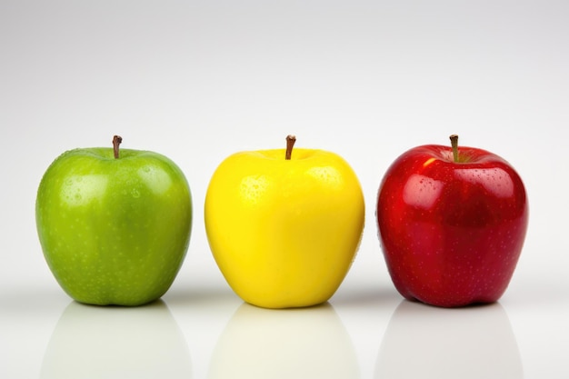 Foto set di mele colorate rosso verde e giallo frutta tre mele isolate su sfondo bianco ai generato