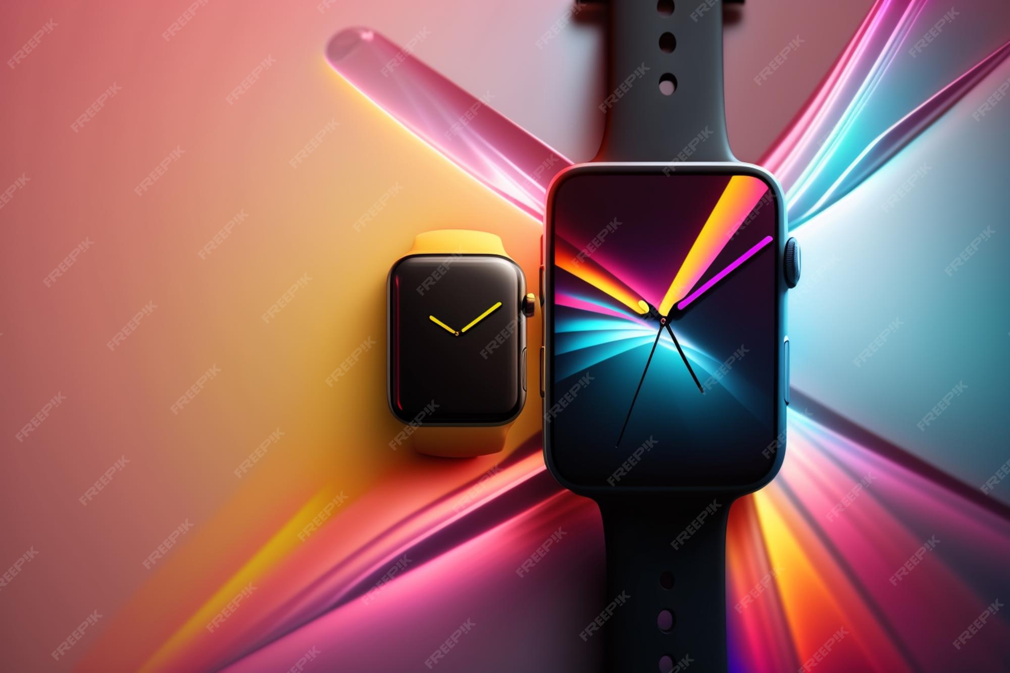 Premium Photo | A colorful apple watch with a black band and yellow and