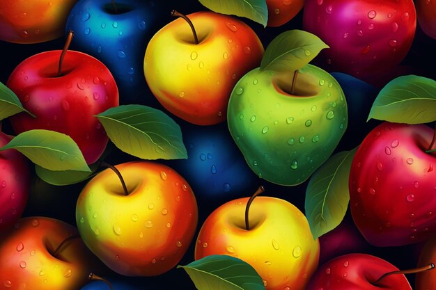 Photo colorful apples with water drops seamless pattern fresh and juicy fruit delight in repeat design