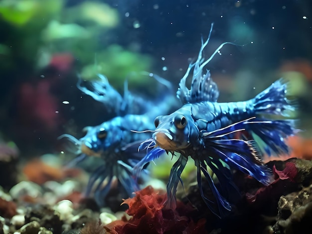 写真 カラフルな水族館の魚 濃い深い青い水