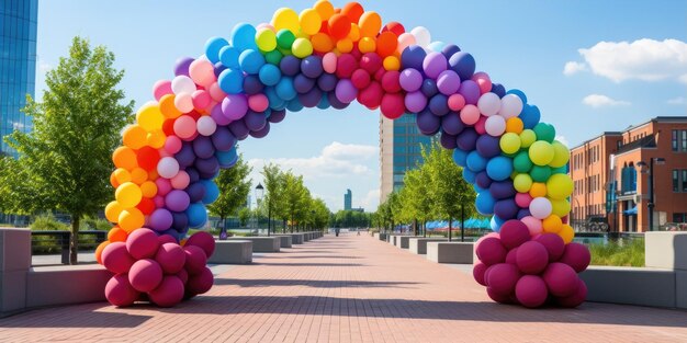 a colorful arch made of balloons