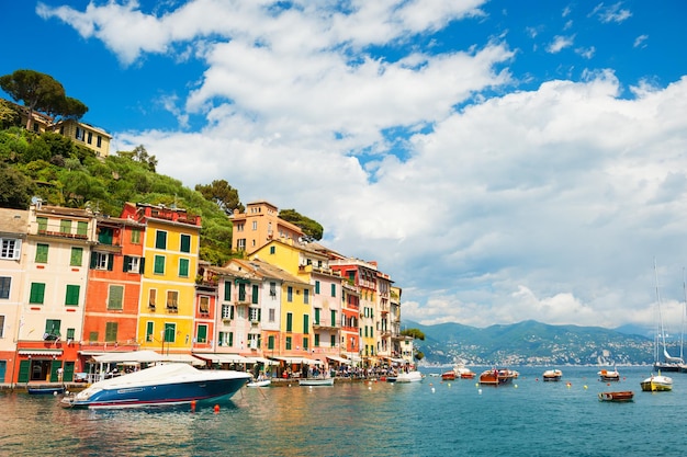 Colorful architecture on the beautiful sea coast in portofino, italy. travel and vacation