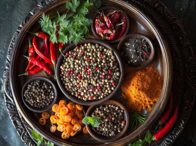 Colorful aromatic Indian spices and herbs on vintage plate