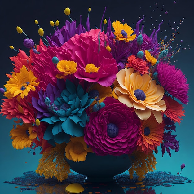 A Colorful arrangement of flowers with liquid splashes