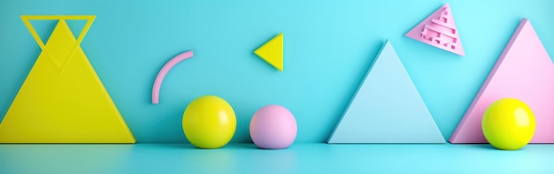 colorful arrangement of geometric shapes and spheres against a turquoise background Banner