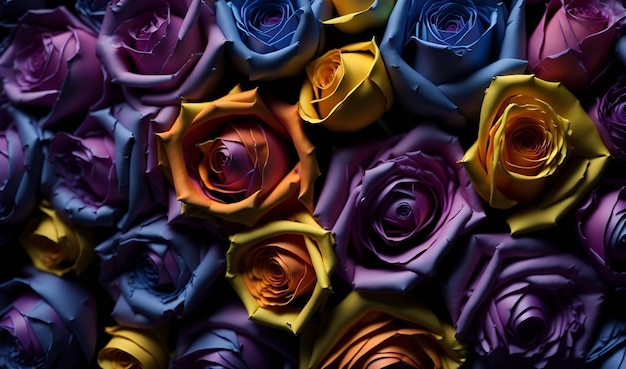 A colorful arrangement of roses is shown in a dark room.