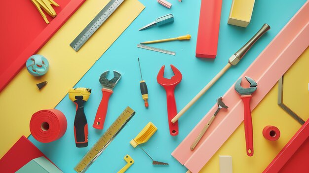 A colorful arrangement of tools on a blue background