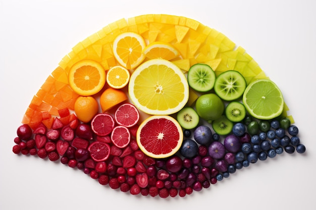 Photo a colorful arrangement of various fruits organized by hue and arranged artistically set against a white backdrop