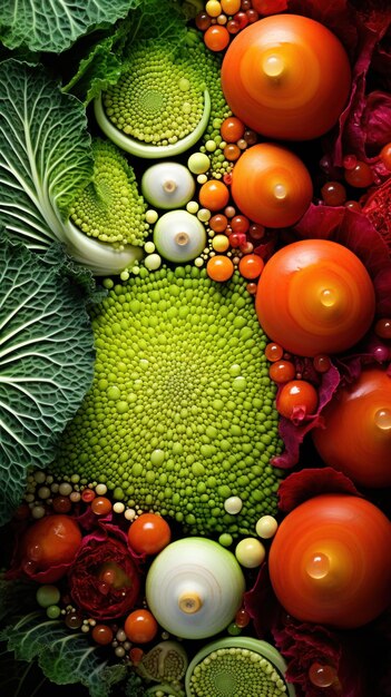 Foto una colorata disposizione di verdure e frutta ai