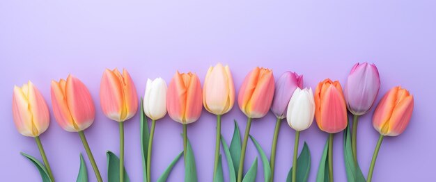 Colorful arrangements of tulips on violet background